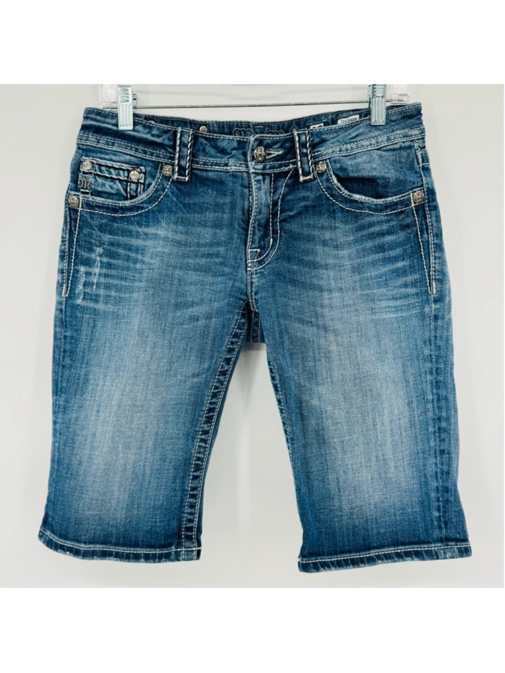 Miss Me Blue Denim Bermuda Shorts Size 29 White Stitching Low Rise